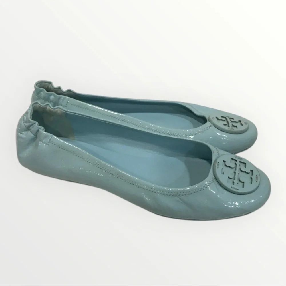 Tory Burch 11M, Minnie Travel Ballet Flats, AUDREY BLUE Crinkle Metallic Leather